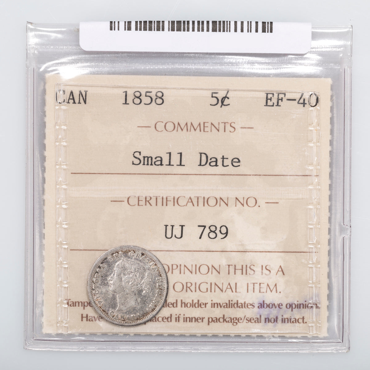 5 Cent 1858 Small Date ICCS EF-40
