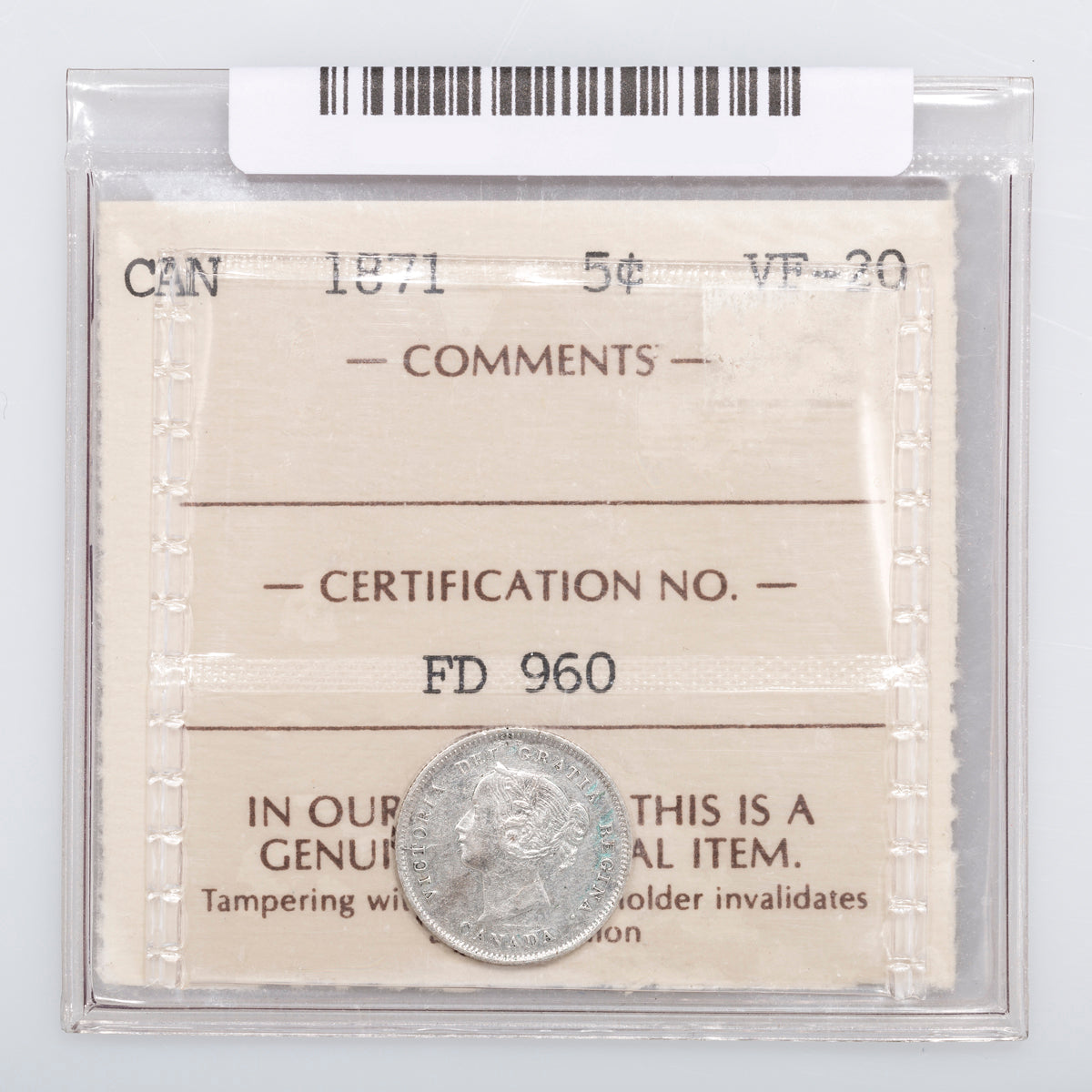 5 Cent 1871 ICCS VF-20