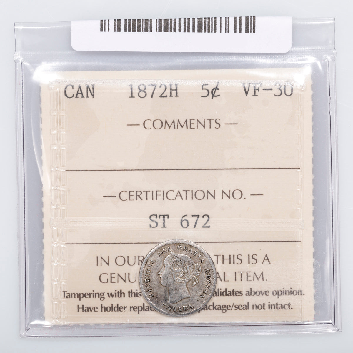 5 Cent 1872H ICCS VF-30
