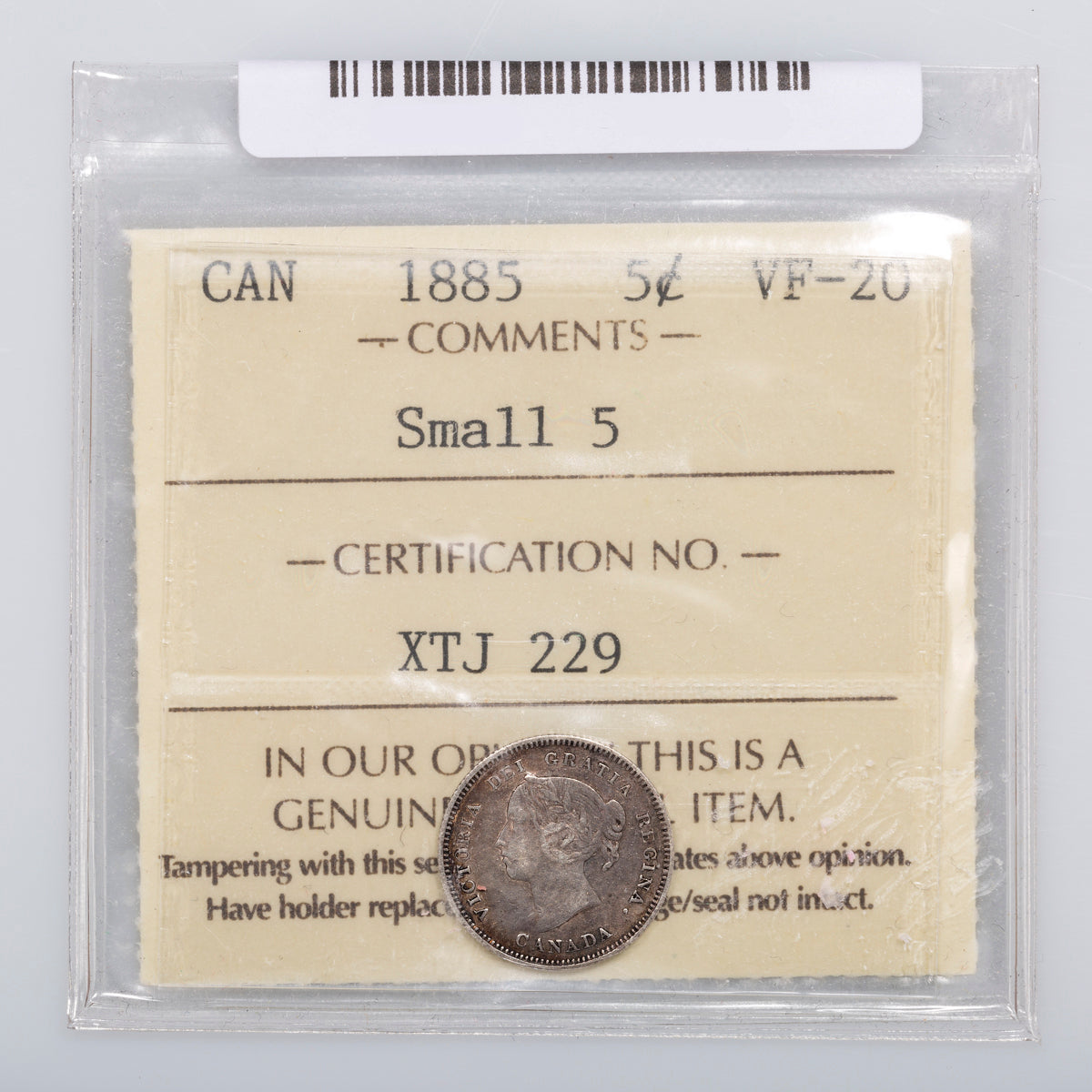 5 Cent 1885 Small 5 ICCS VF-20