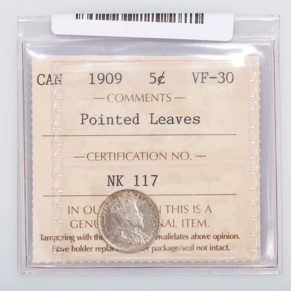 5 Cent 1909 Pointed Leaves ICCS VF-30