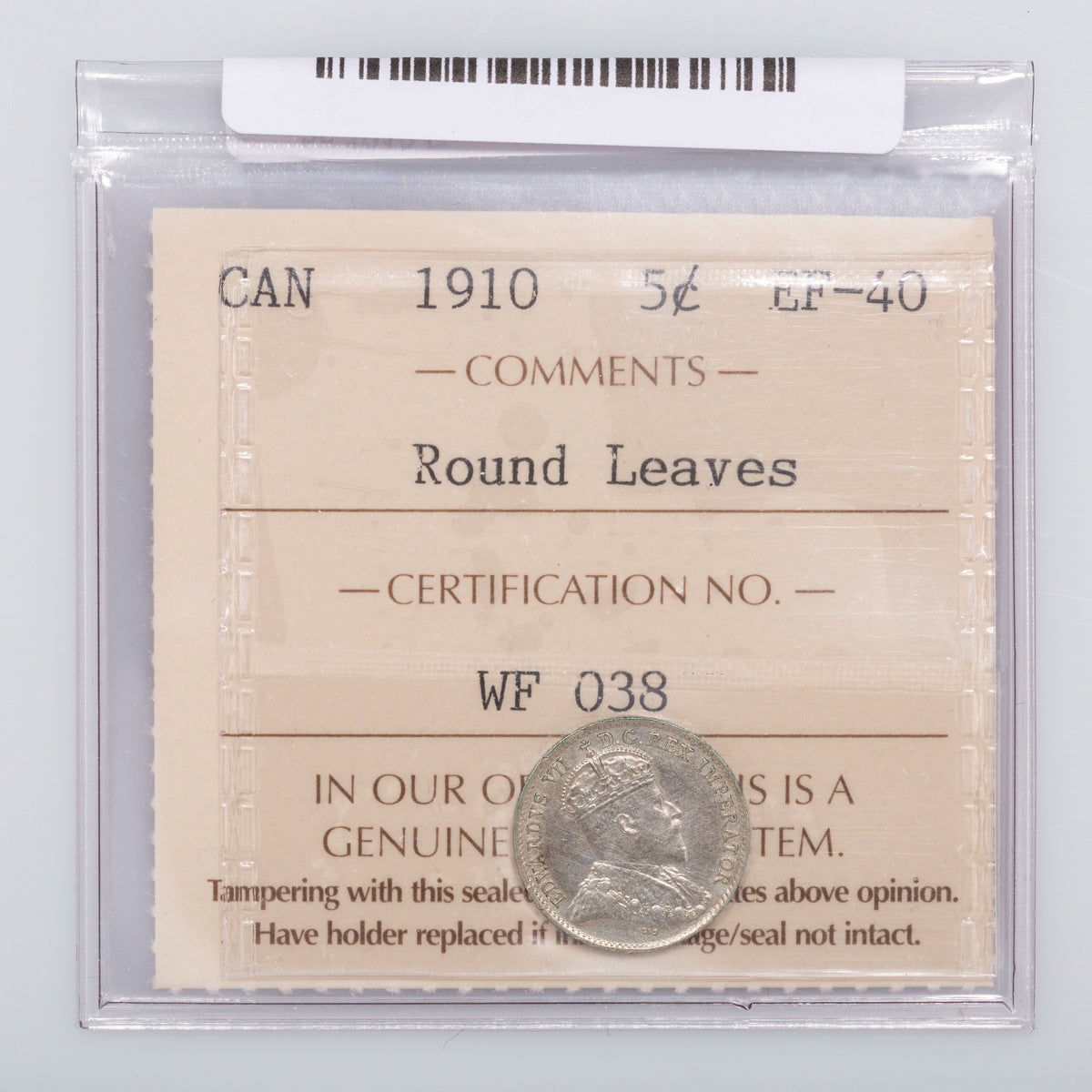 5 Cent 1910 Round Leaves ICCS EF-40