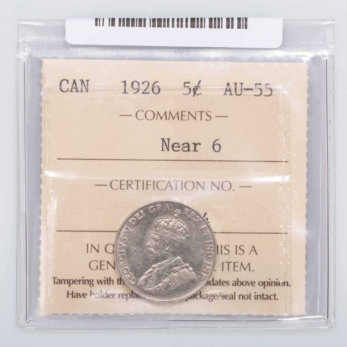 5 Cent 1926 Near 6 ICCS AU-55