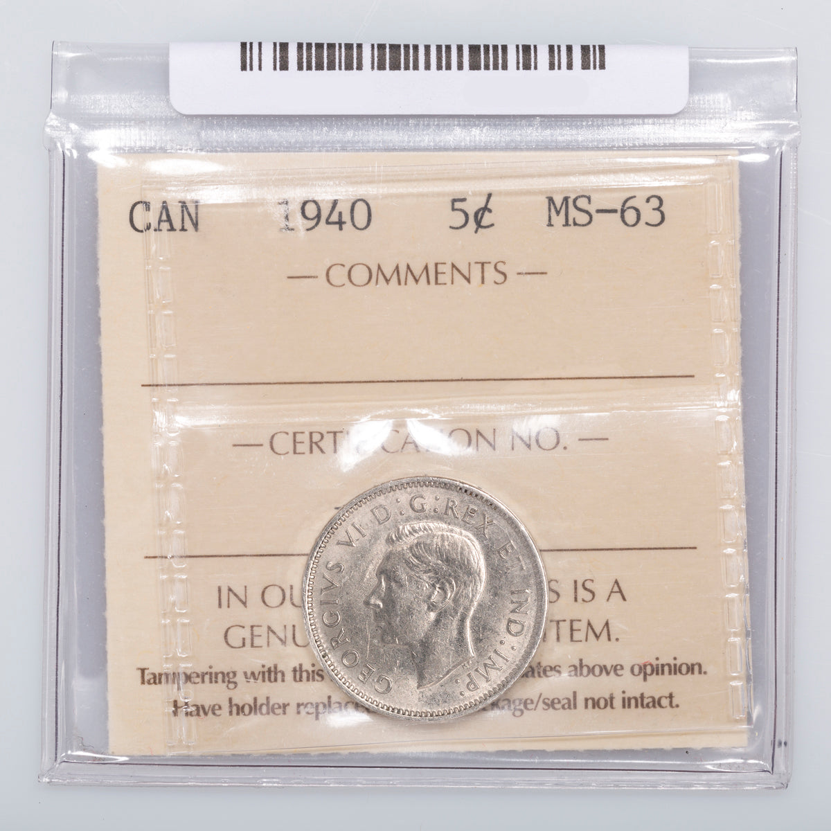 5 Cent 1940 ICCS MS-63