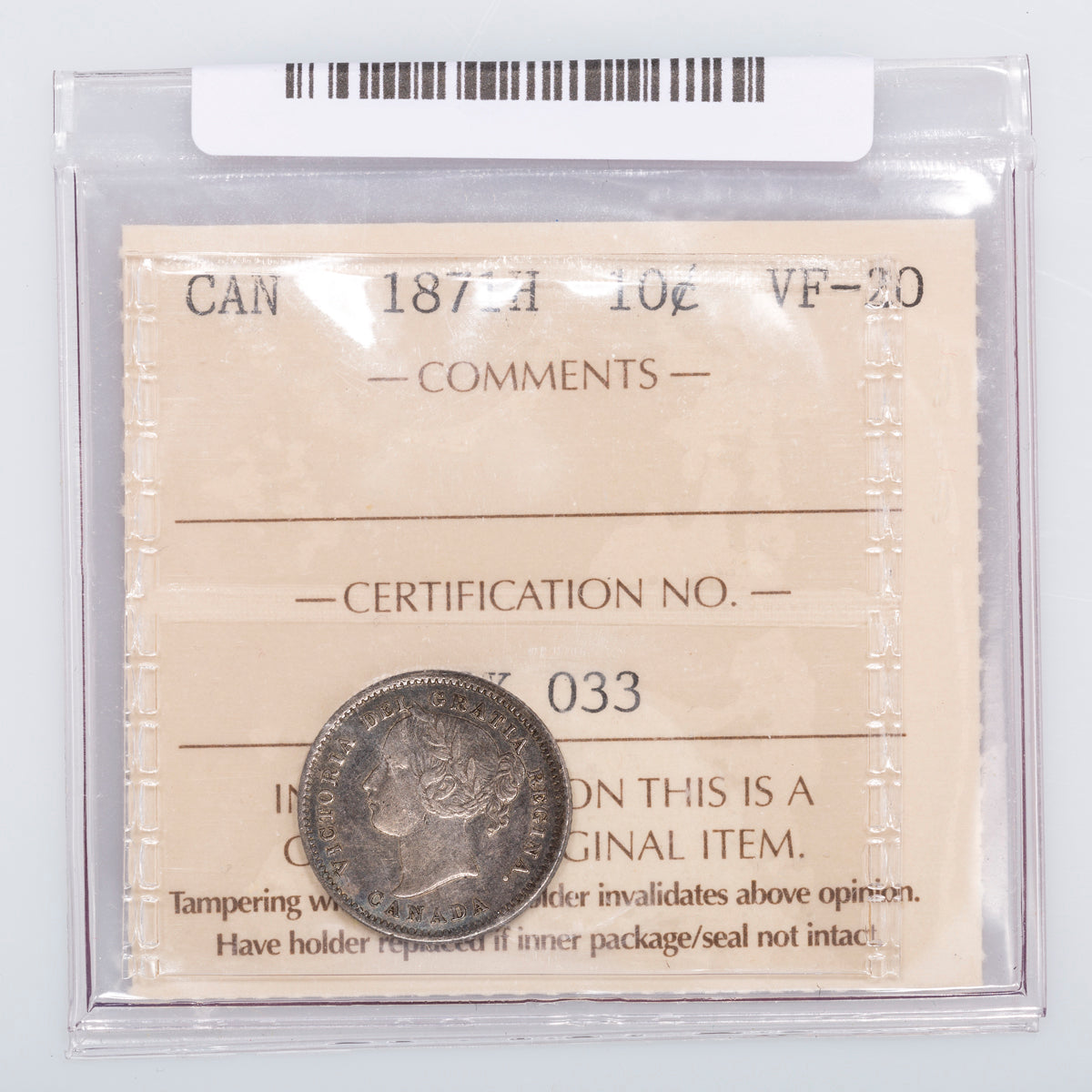 10 Cent 1871H ICCS VF-20