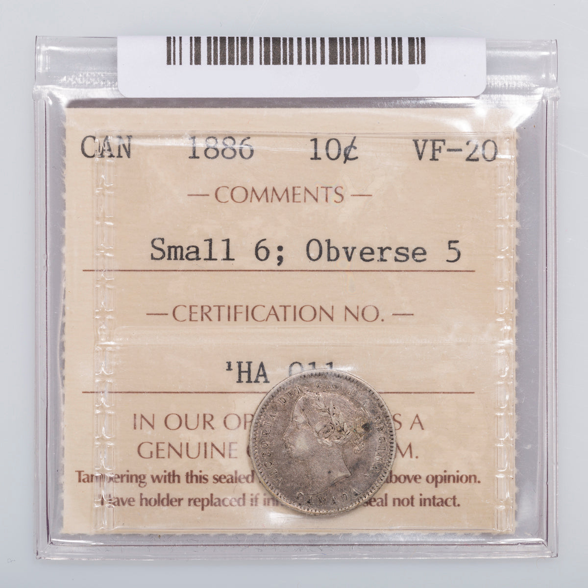 10 Cent 1886 Small 6 Obverse 5 ICCS VF-20