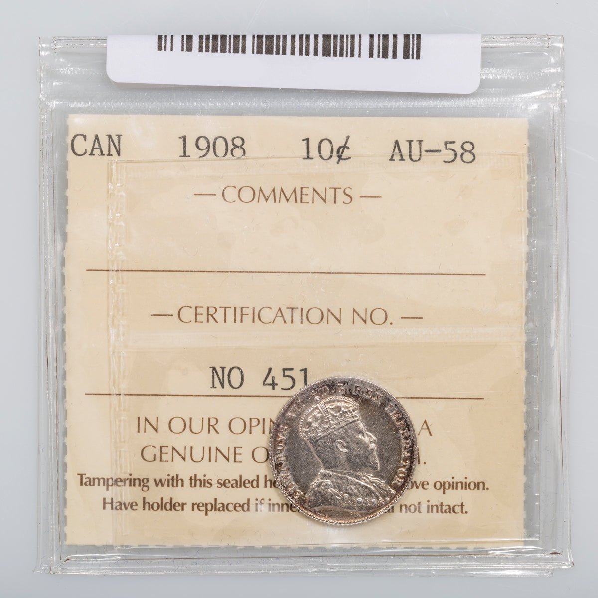 10 Cent 1908 ICCS AU-58