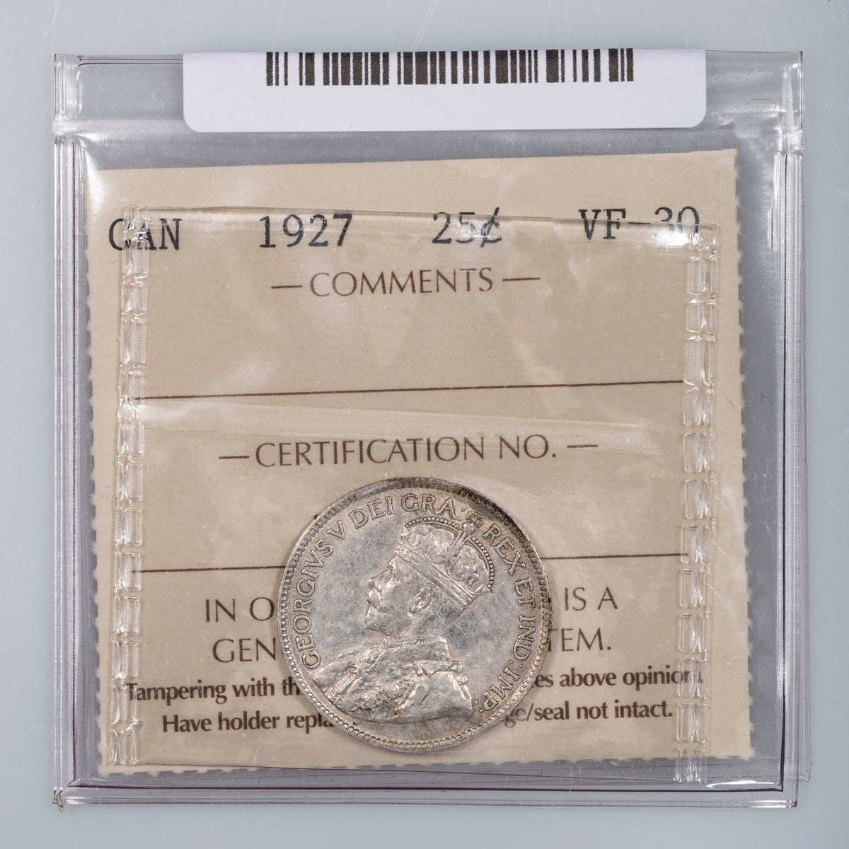 25 Cent 1927 ICCS VF-30