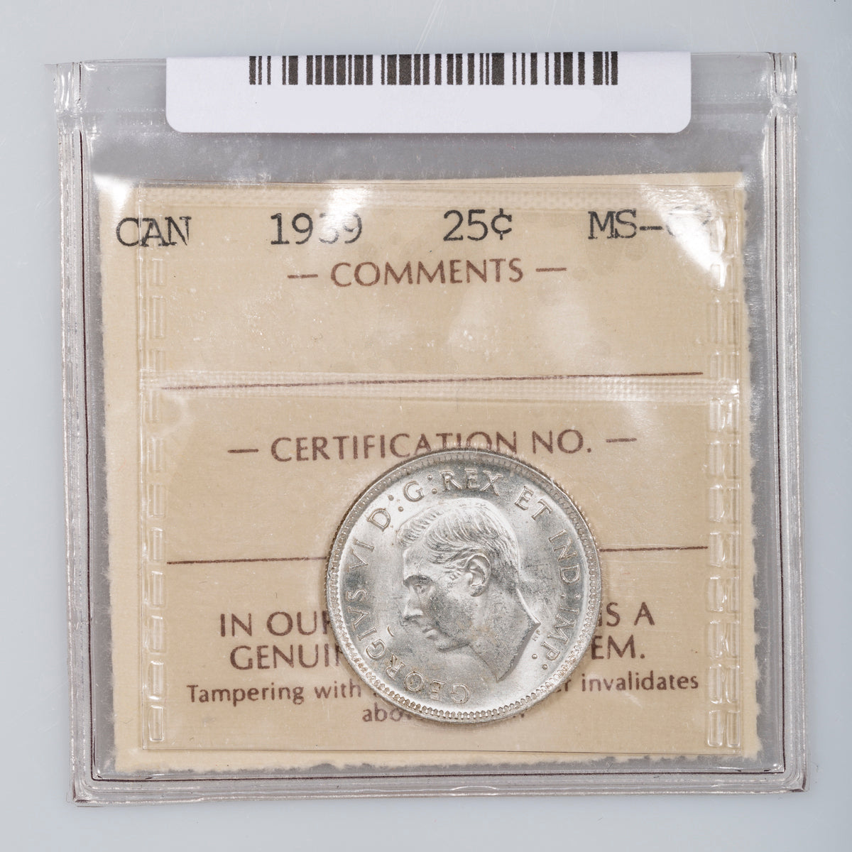 25 Cent 1939 ICCS MS-62