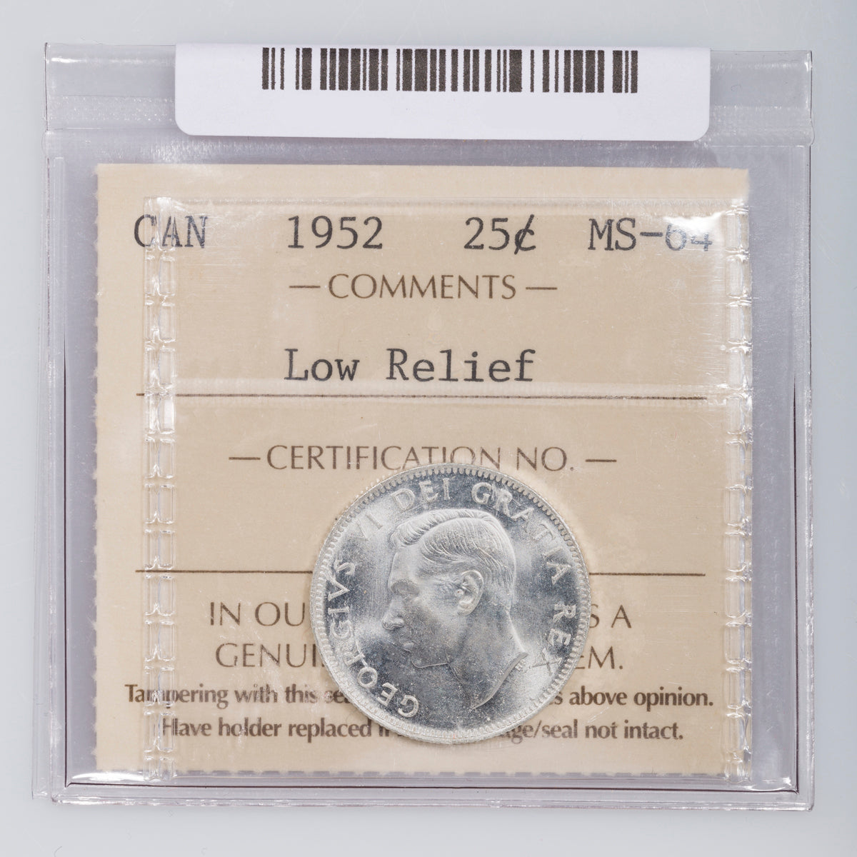 25 Cent 1952 Low Relief ICCS MS-64