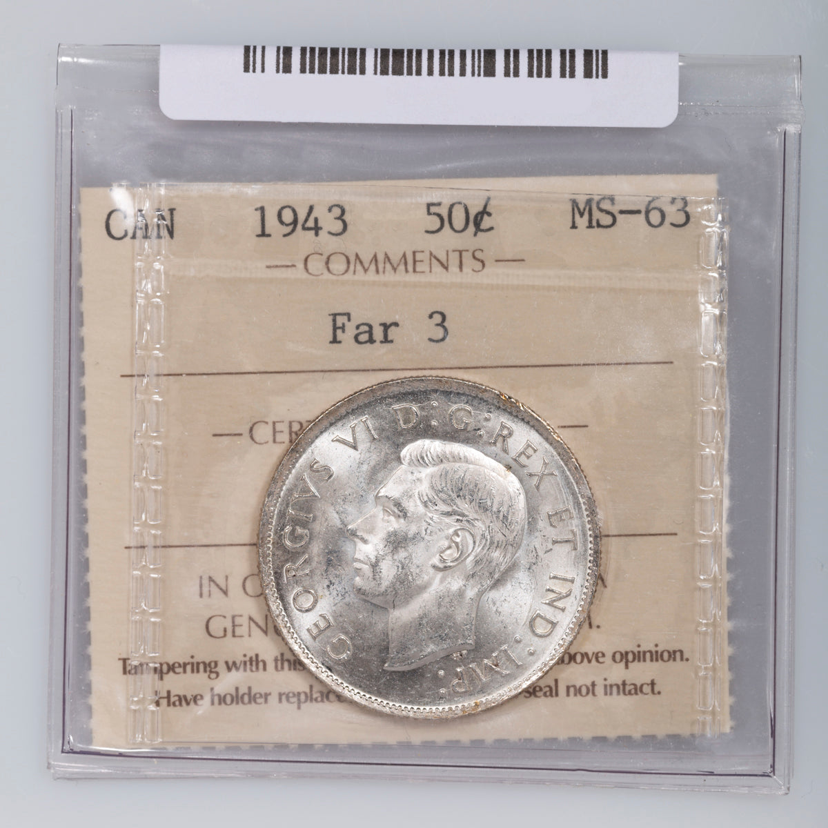 50 Cent 1943 Far 3 ICCS MS-63