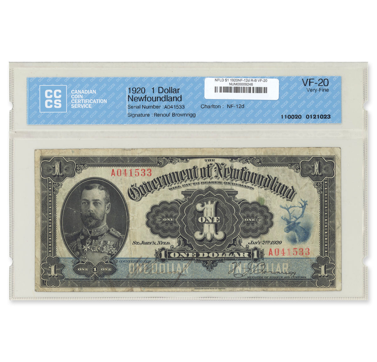 NFLD $1 1920 NF-12d Renouf-Brownrigg Prefix A CCCS VF-20