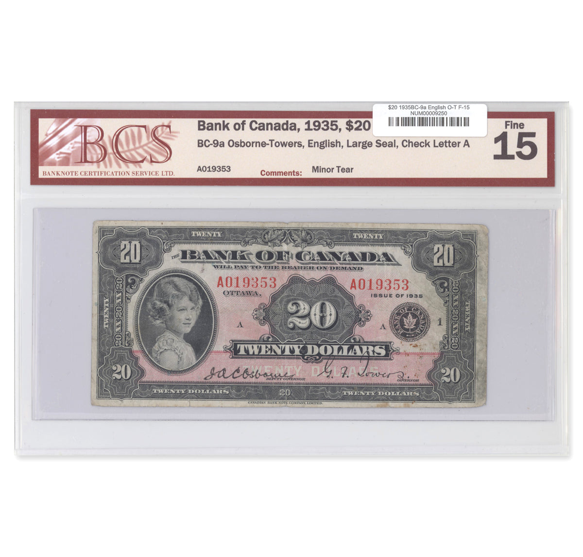 $20 1935 BC-9a English Osborne-Towers Prefix A BCS F-15