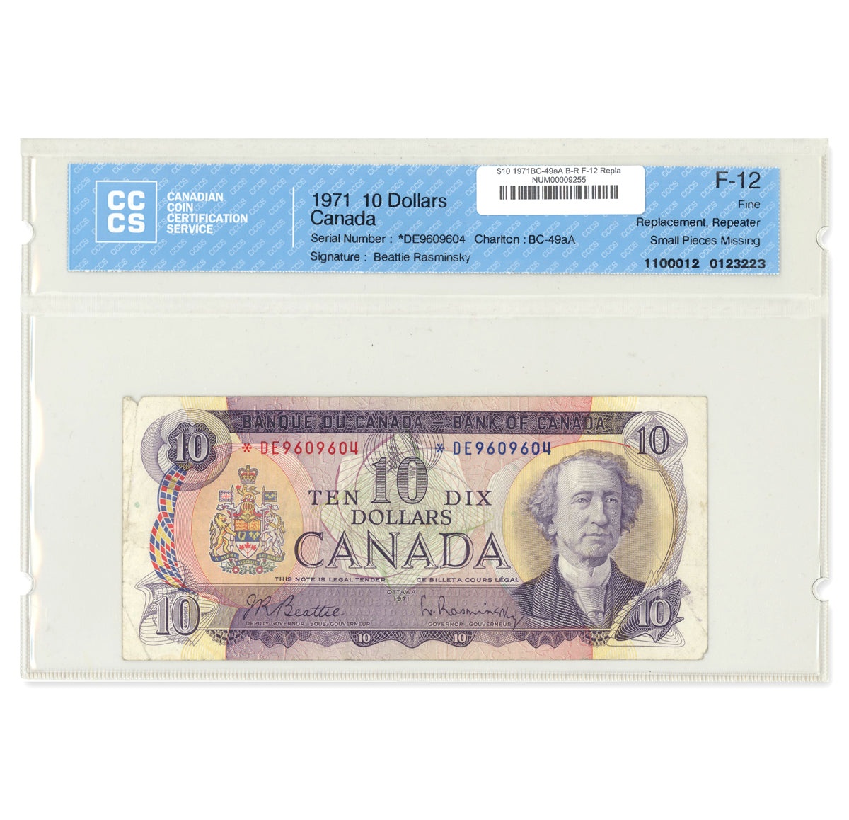 $10 1971 BC-49aA Replacement Beattie-Rasminsky Prefix *DE CCCS F-12