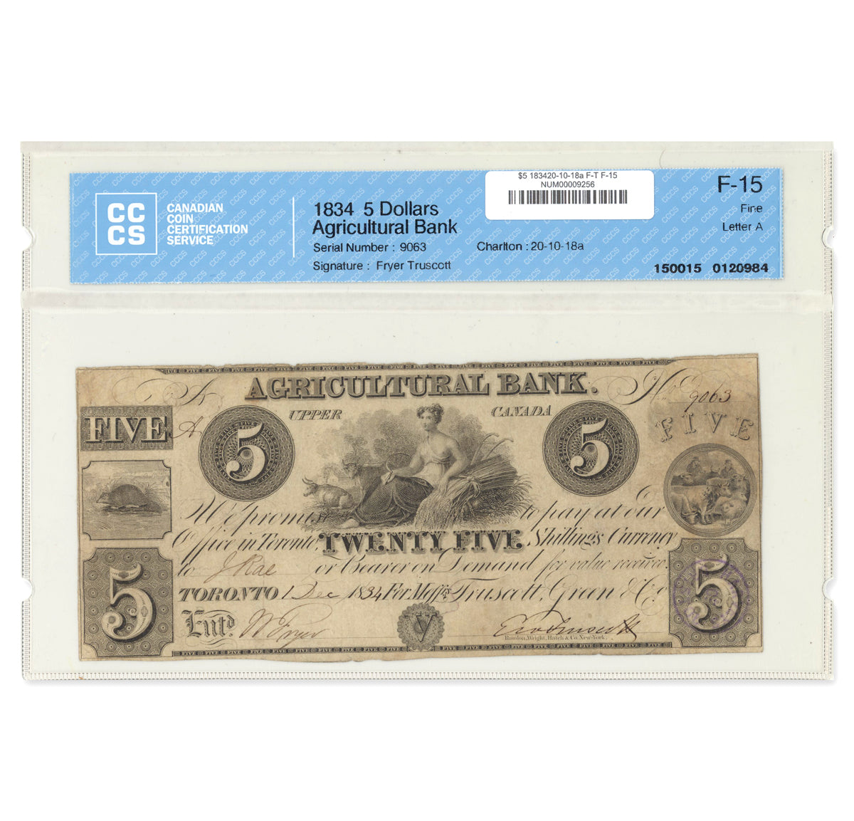 $5 1834 20-10-18a Agricultural Bank Fryer-Truscott CCCS F-15 Rawdon, Wright, Hatch & Co. New York