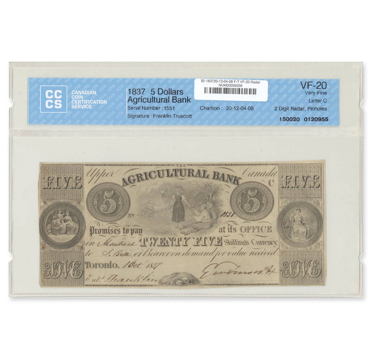 $5 1837 20-12-04-08 Radar Agricultural Bank Franklin-Truscott CCCS VF-20