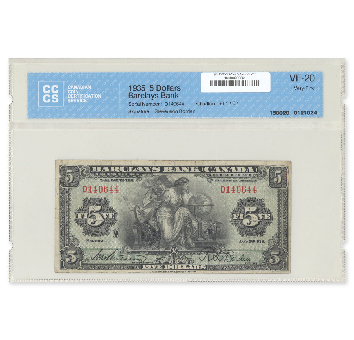 $5 1935 30-12-02 Barclays Bank Stevenson-Borden Prefix D CCCS VF-20