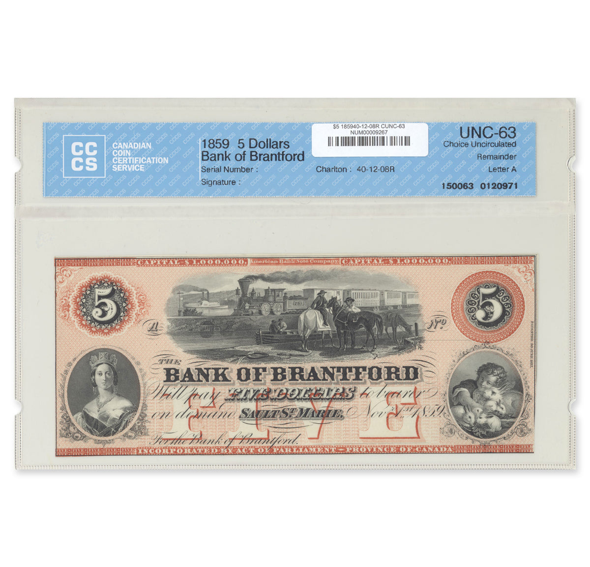 $5 1859 40-12-08R Bank of Brantford CCCS CUNC-63