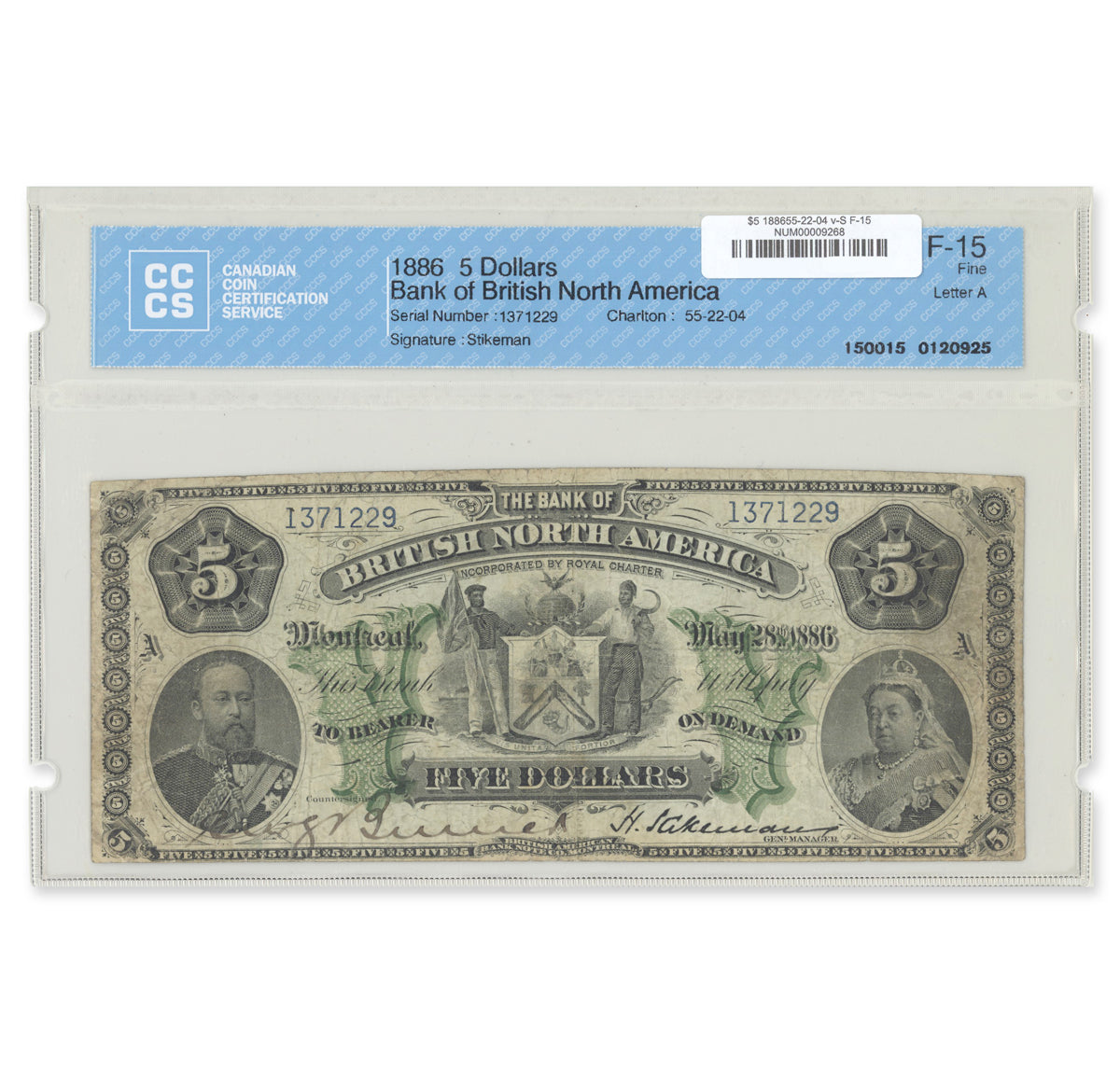 $5 1886 55-22-04 Bank of British North America various-Stikeman CCCS F-15