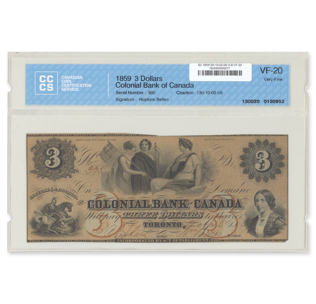 $3 1859 130-10-02-06 Colonial Bank of Canada Hopkins-Bettes CCCS VF-20