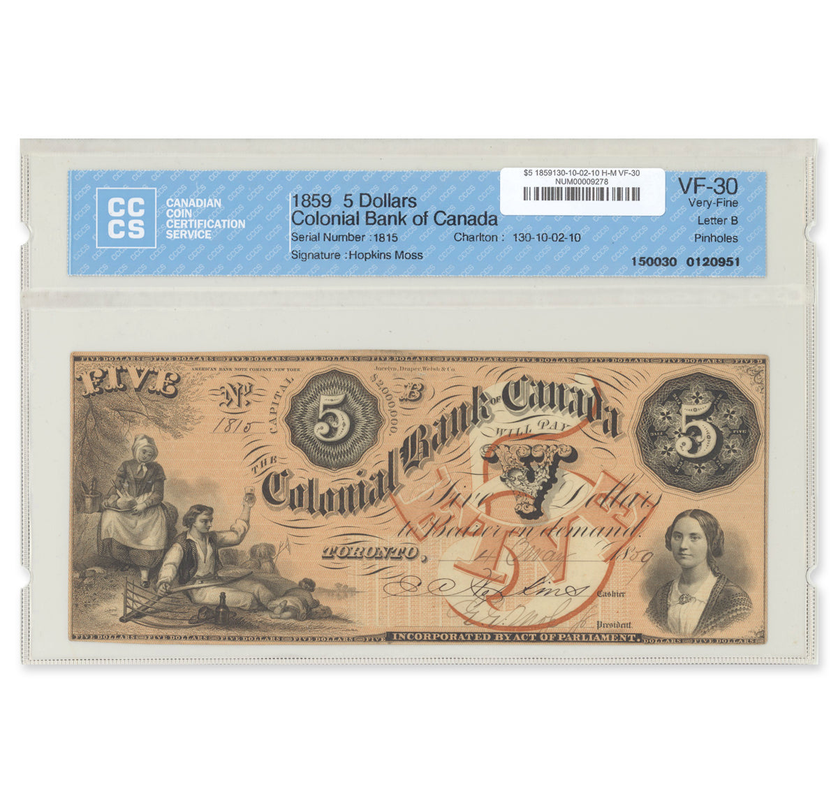$5 1859 130-10-02-10 Colonial Bank of Canada Hopkins-Moss CCCS VF-30