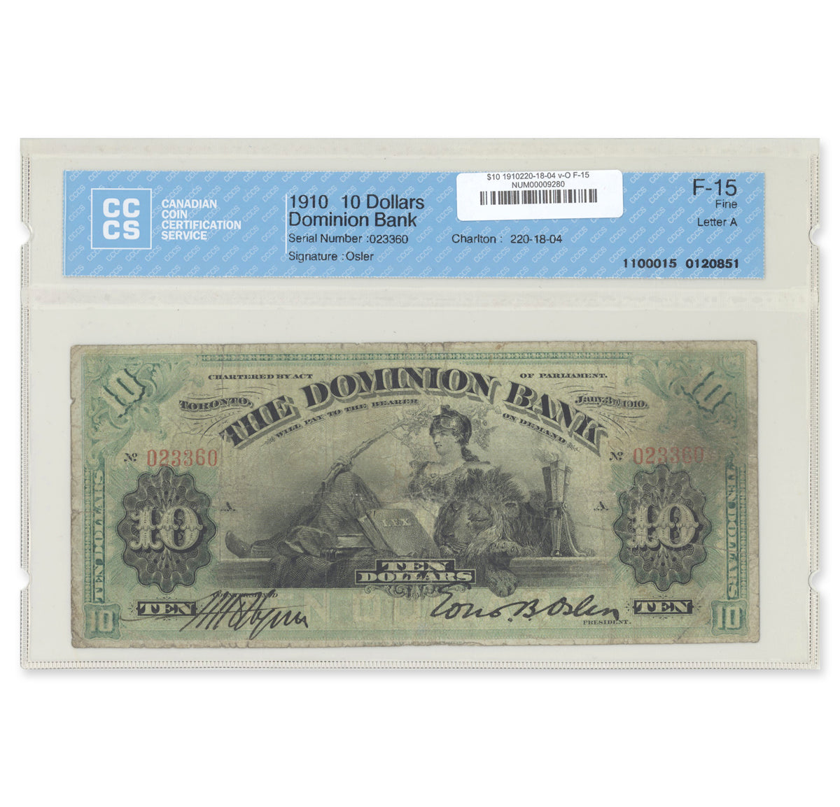 $10 1910 220-18-04 Dominion Bank various-Osler CCCS F-15