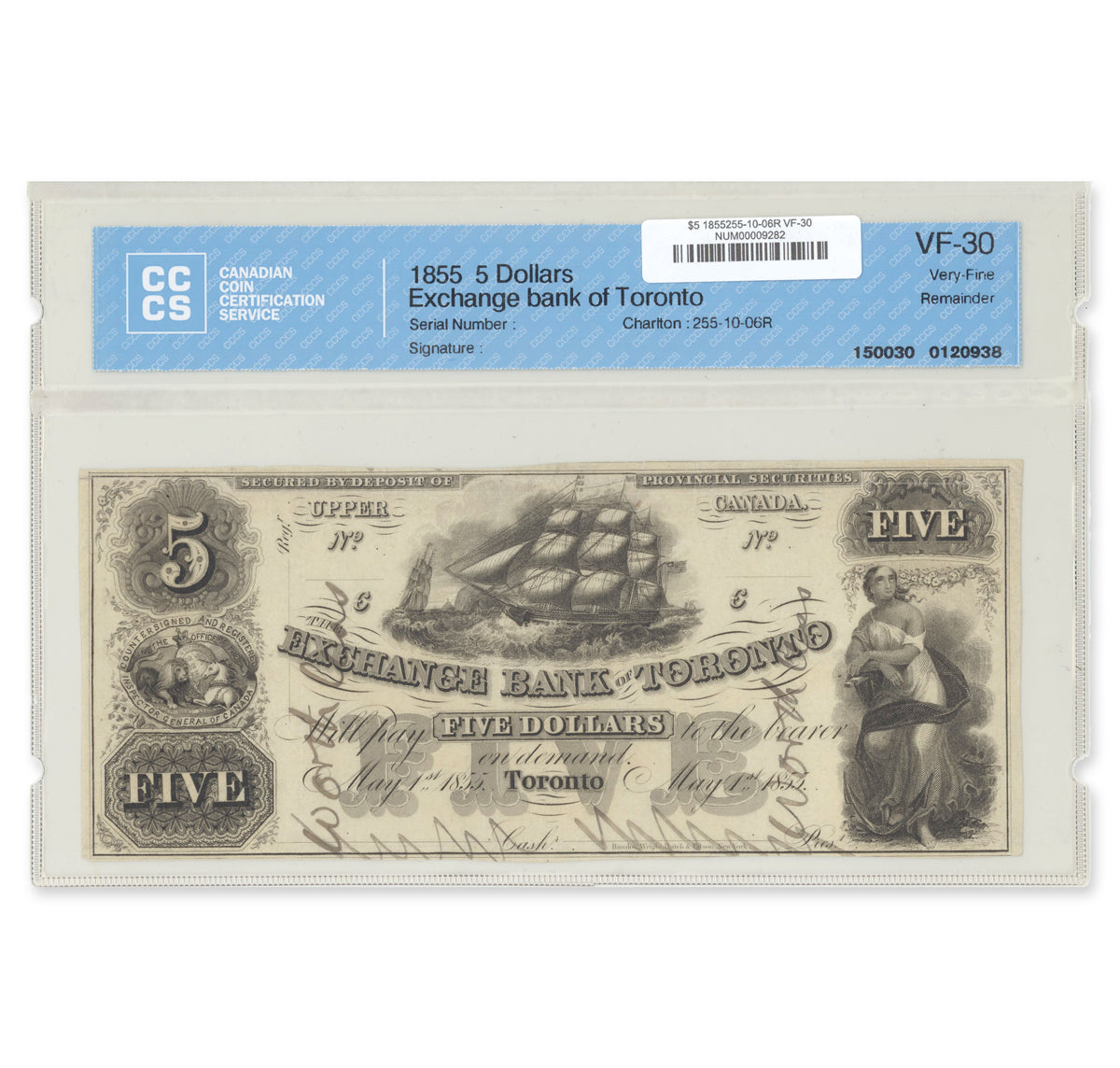 $5 1855 255-10-06R Exchange Bank of Toronto CCCS VF-30