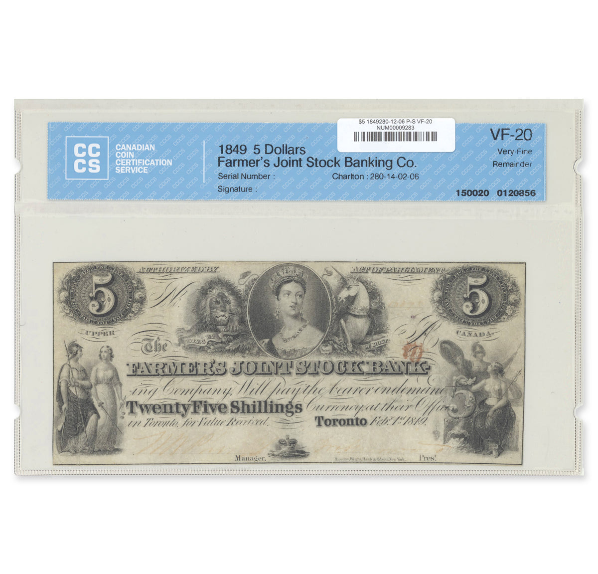 $5 1849 280-12-06 Farmers Joint Stock Banking Co. Phipps-Sherwood CCCS VF-20