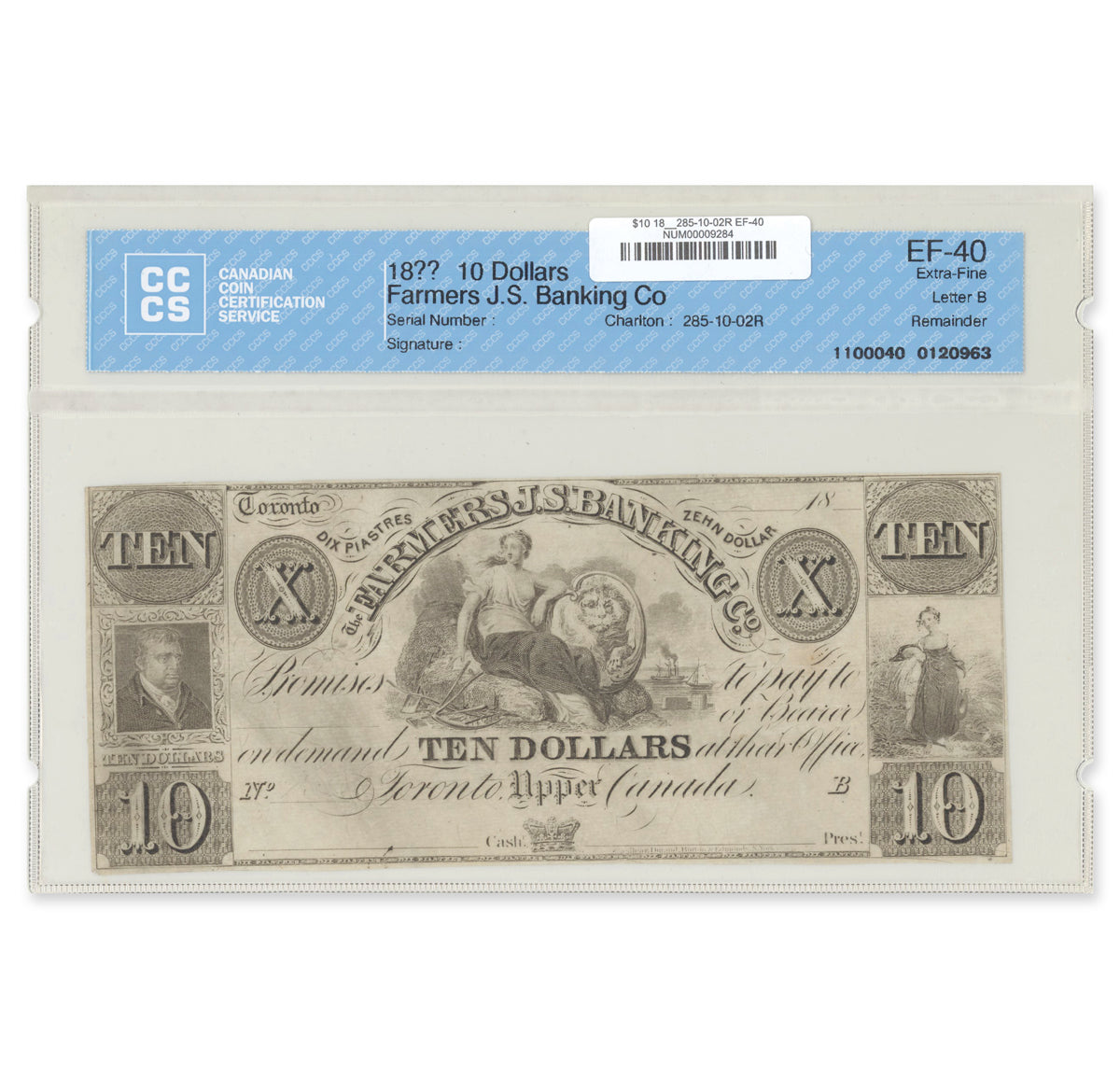 $10 18__ 285-10-02R Farmers J. S. Banking Co. CCCS EF-40
