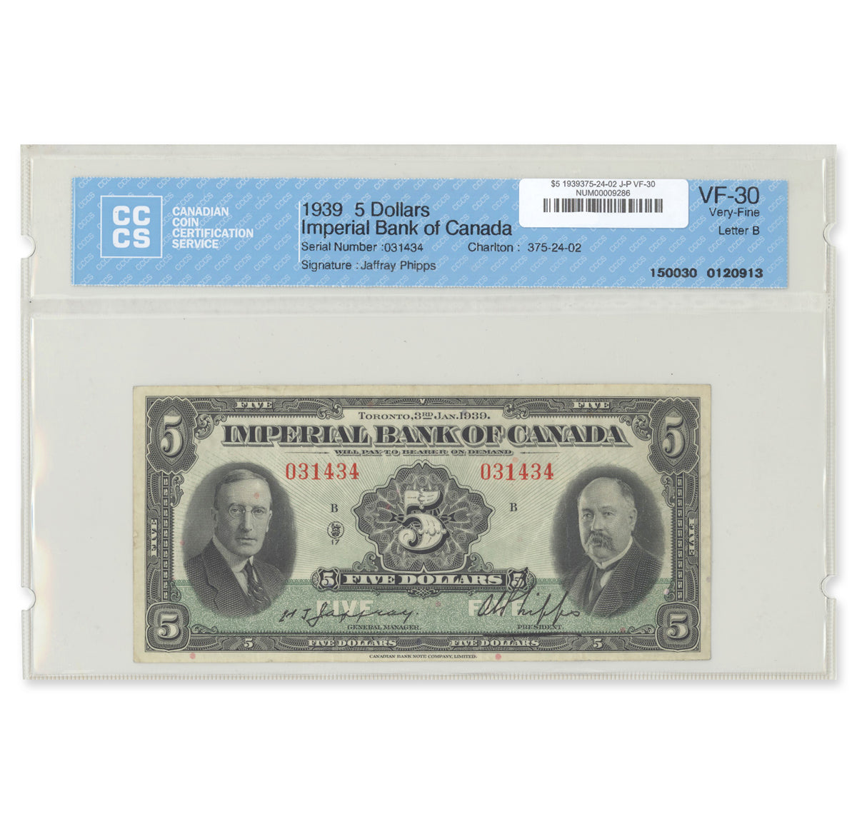 $5 1939 375-24-02 Imperial Bank of Canada Jaffray-Phipps CCCS VF-30