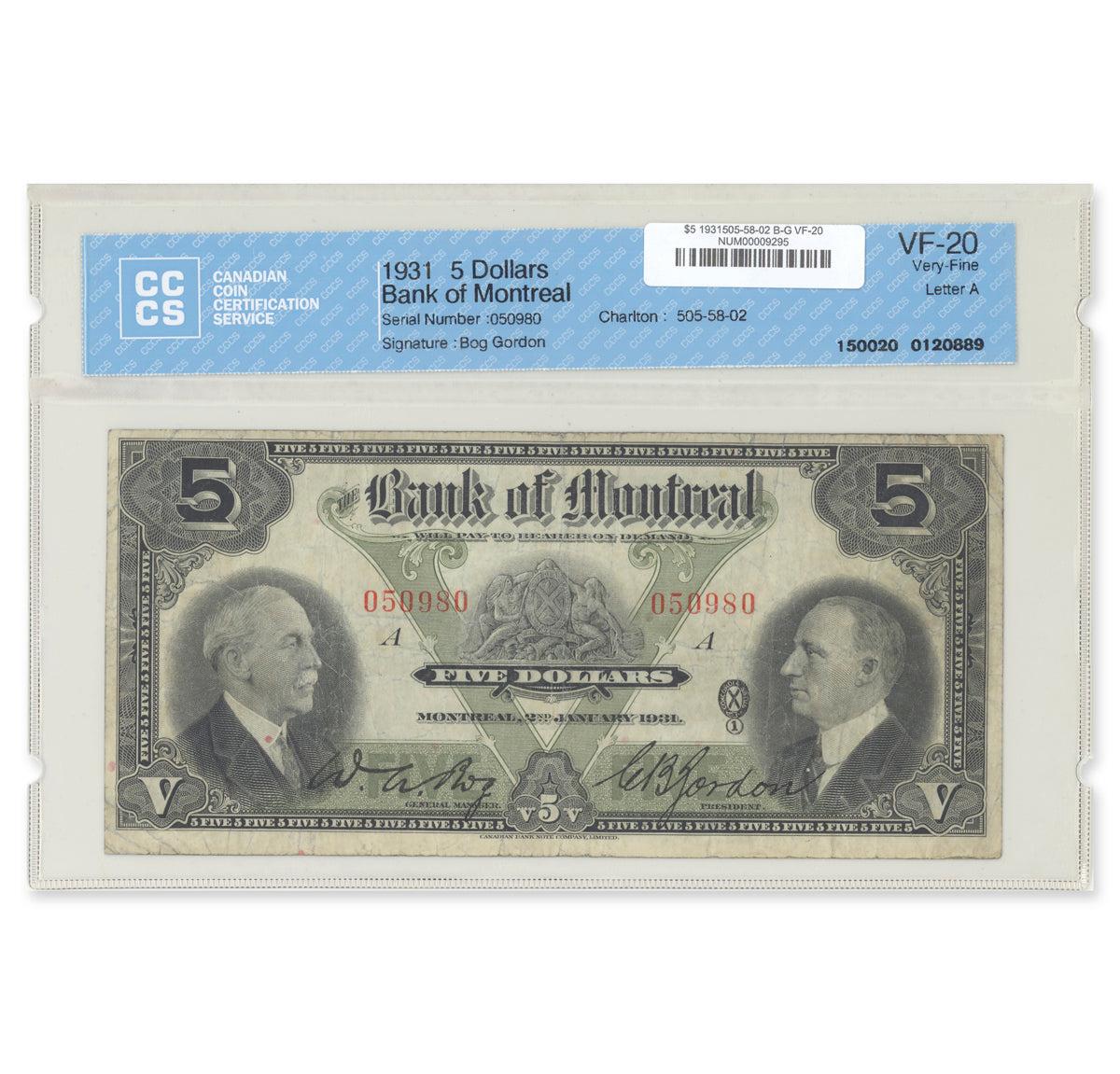 $5 1931 505-58-02 The Bank of Montreal Bog-Gordon CCCS VF-20