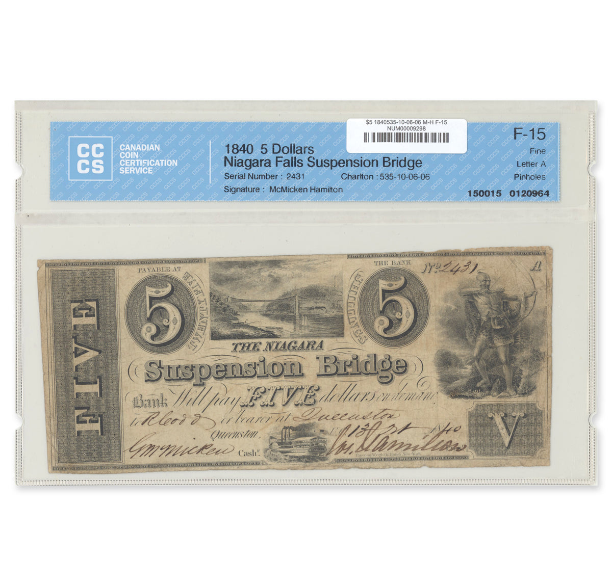 $5 1840 535-10-06-06 Niagara Suspension Bridge Bank McMicken-Hamilton CCCS F-15