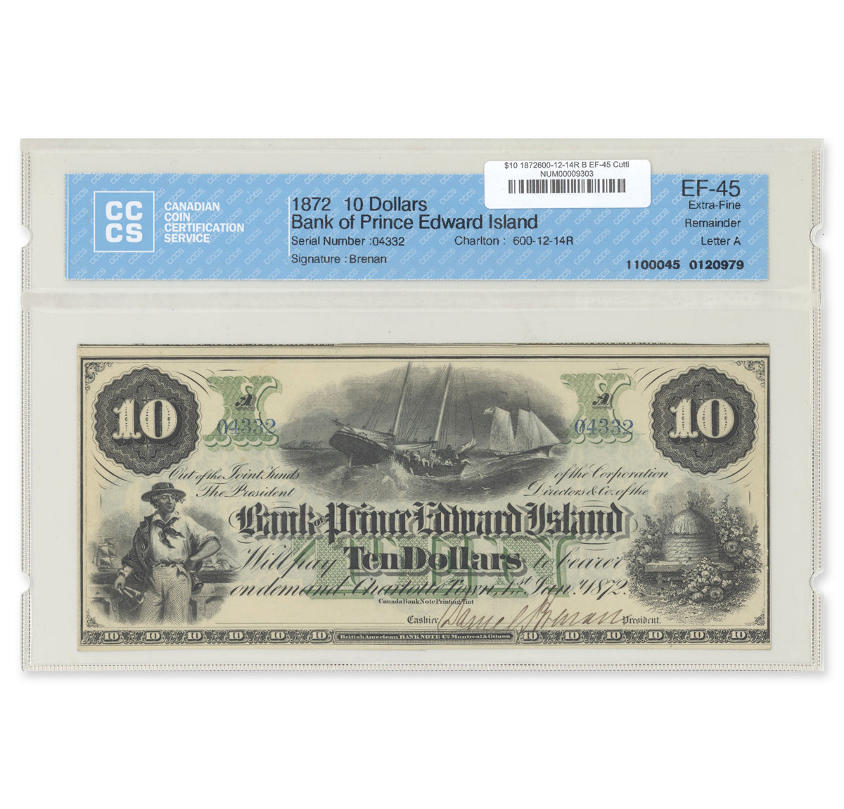 $10 1872 600-12-14R Cutting Error The Bank of Prince Edward Island CCCS EF-45