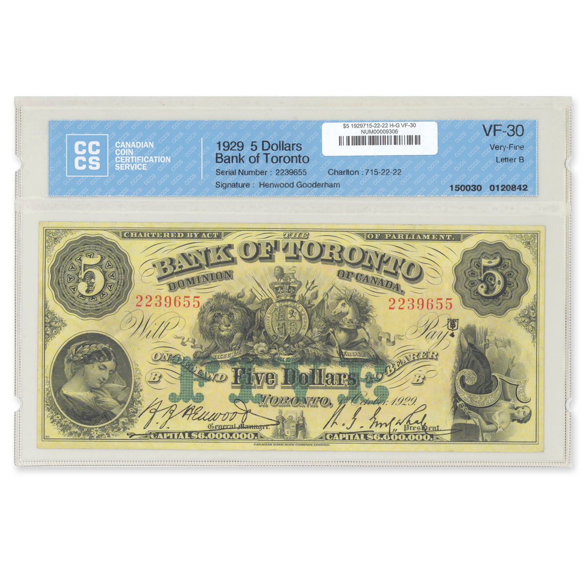 $5 1929 715-22-22 The Bank of Toronto Henwood-Gooderham CCCS VF-30