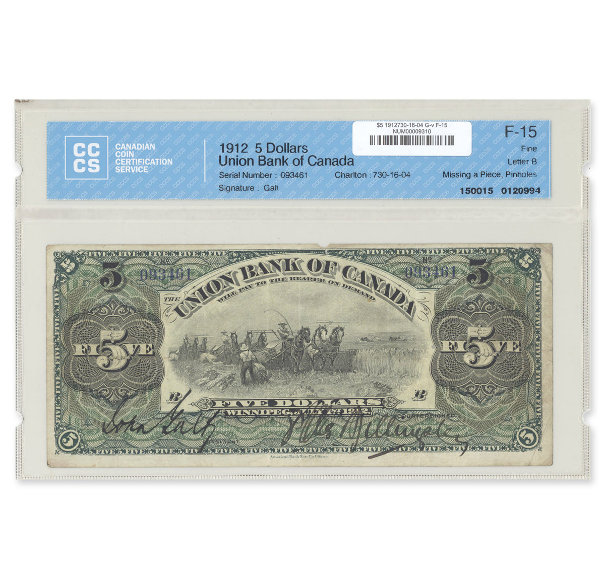 $5 1912 730-16-04 Union Bank of Canada Galt-various CCCS F-15