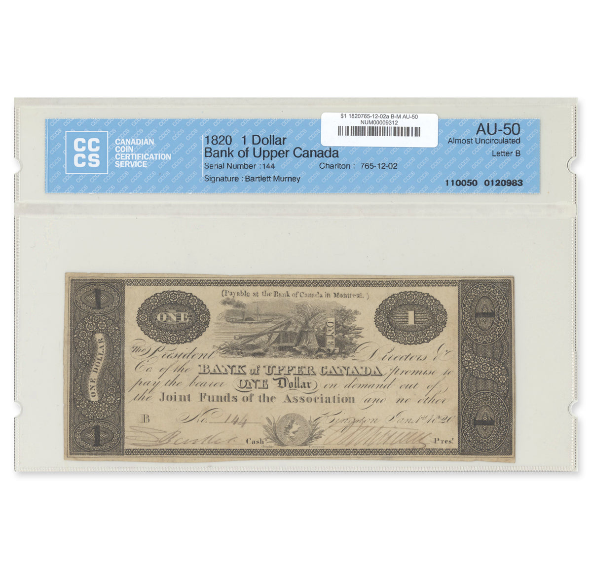 $1 1820 765-12-02a Bank of Upper Canada Bartlett-Murney CCCS AU-50