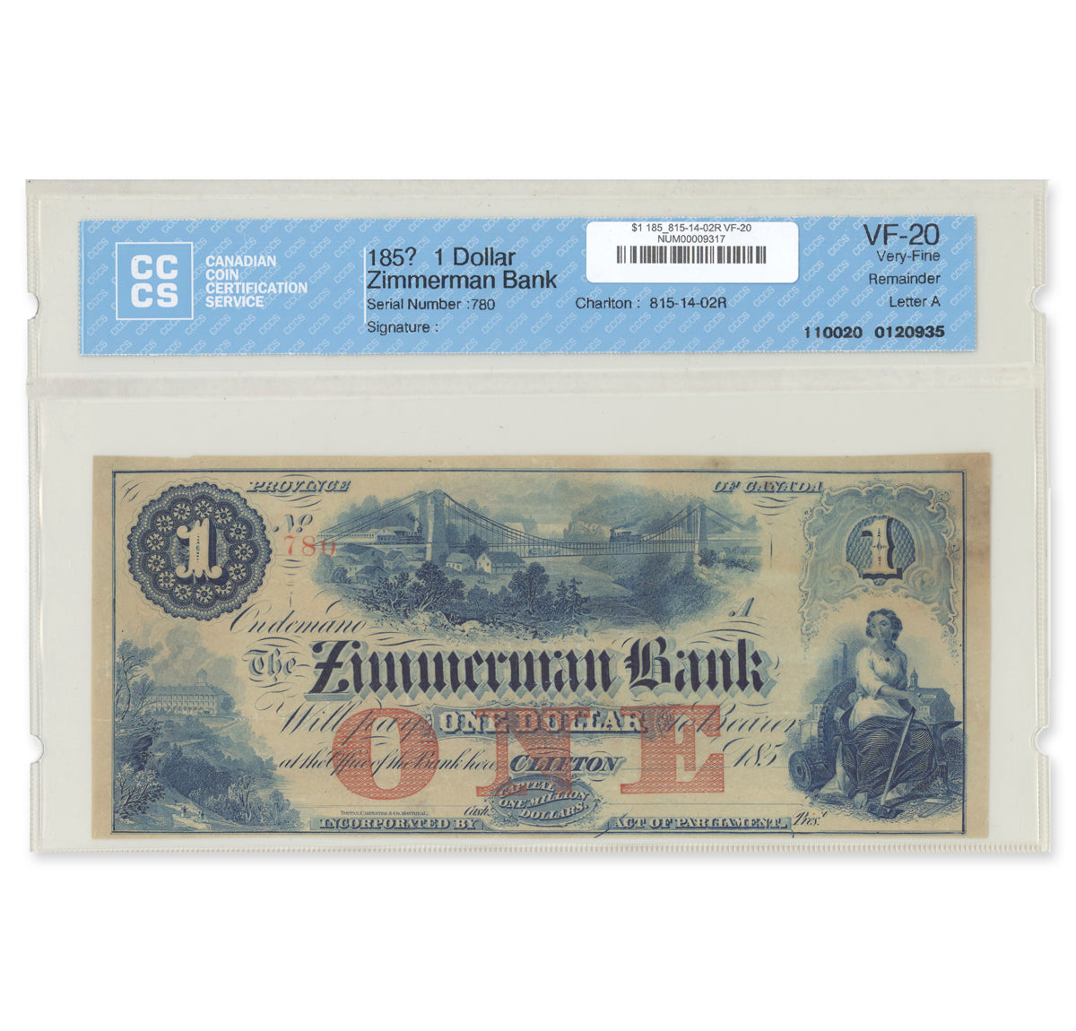 $1 185_ 815-14-02R Zimmerman Bank CCCS VF-20