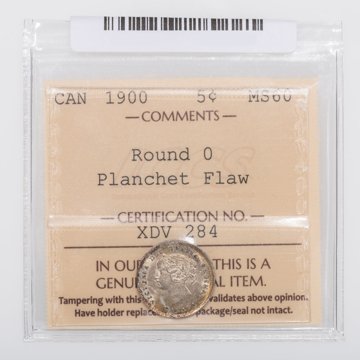 5 Cent 1900 Round 0 ICCS MS-60 Planchet flaw