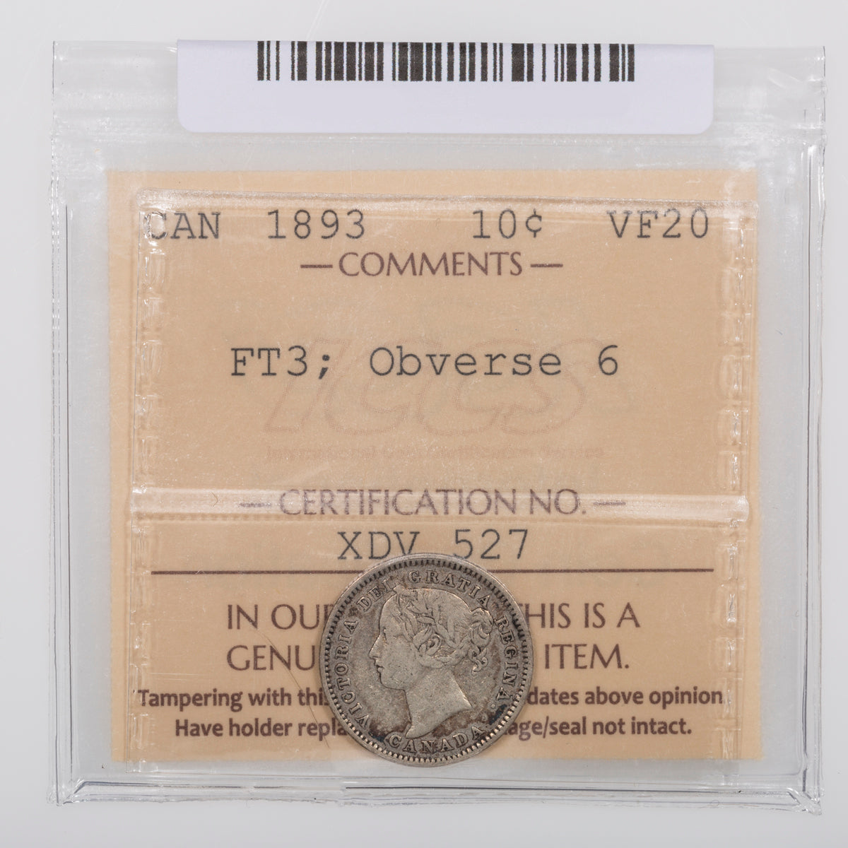 10 Cent 1893 FT 3 Obv 6 ICCS VF-20