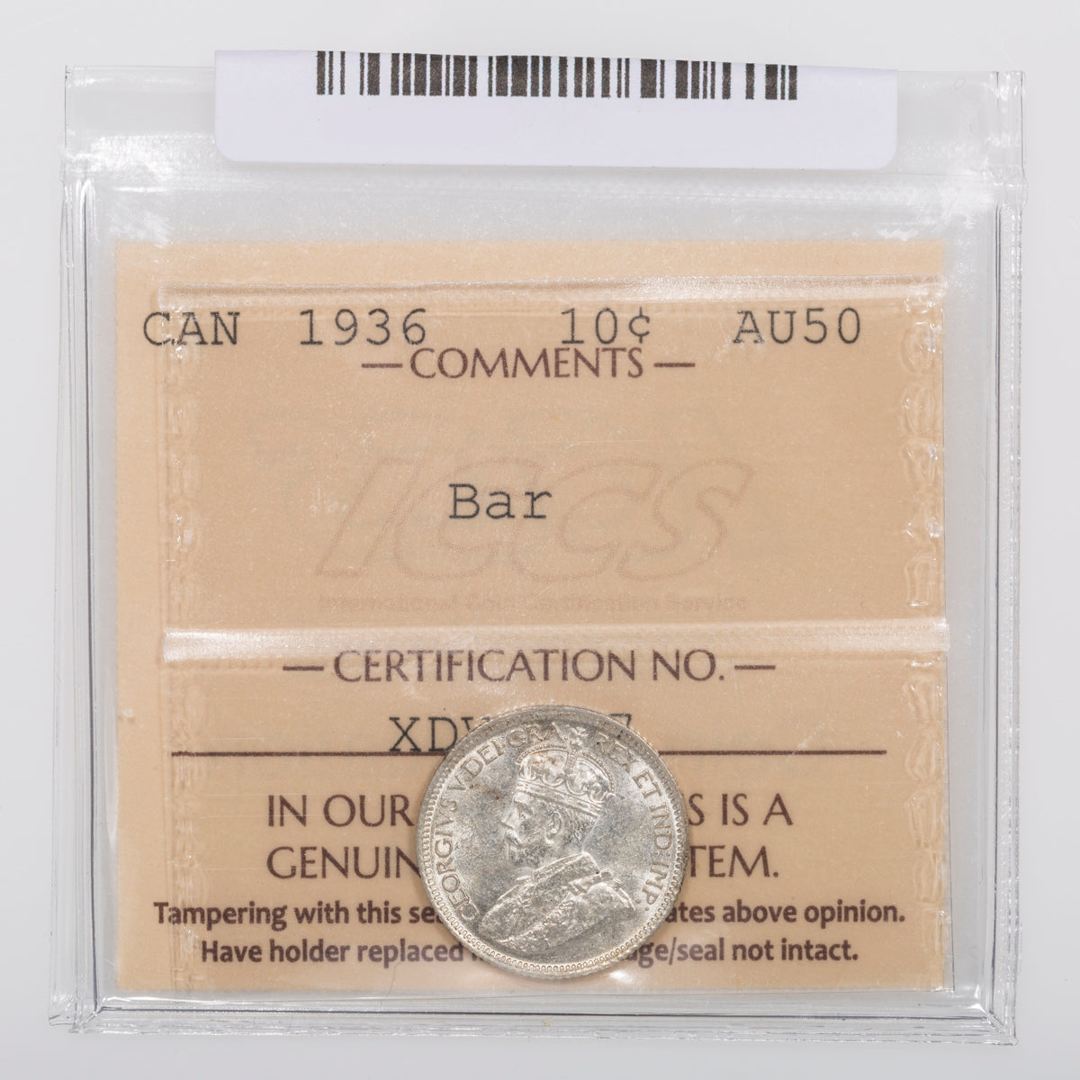 10 Cent 1936 Bar ICCS AU-50