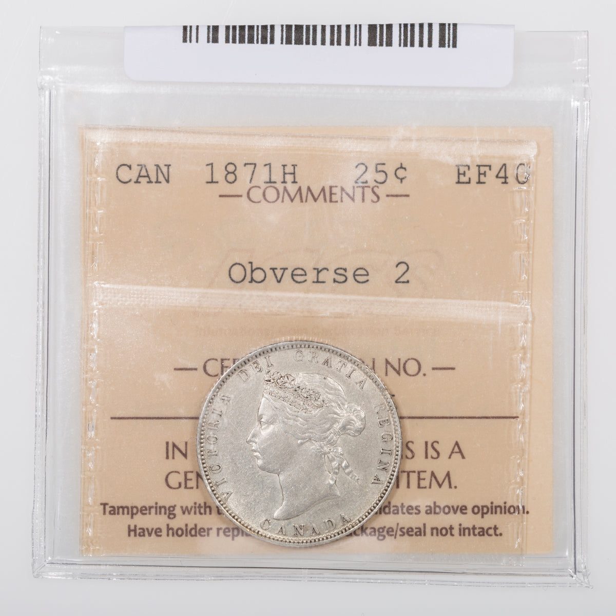 25 Cent 1871H Obv 2 ICCS EF-40