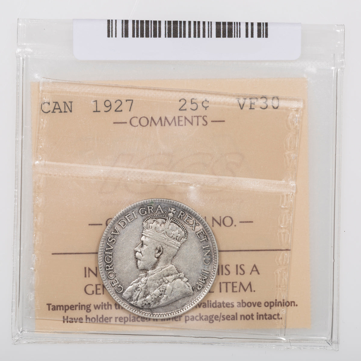 25 Cent 1927 ICCS VF-30