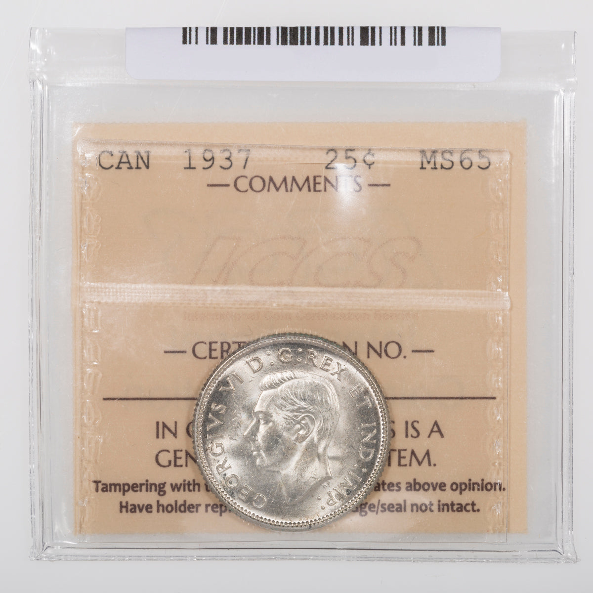 25 Cent 1937 ICCS MS-65