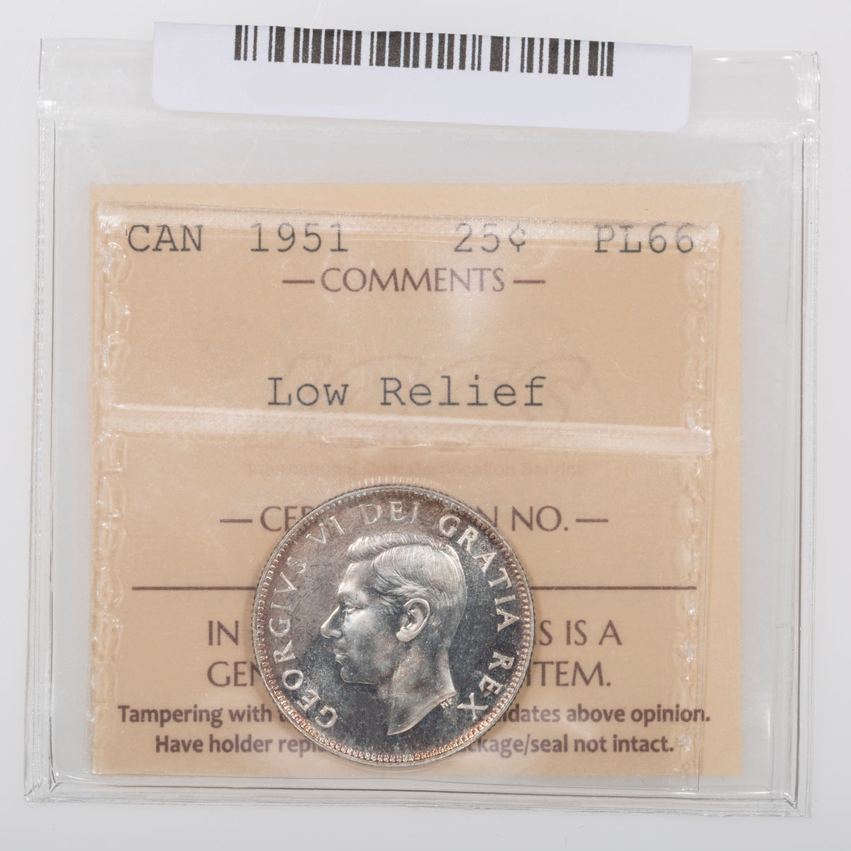 25 Cent 1951 Low Relief ICCS PL-66