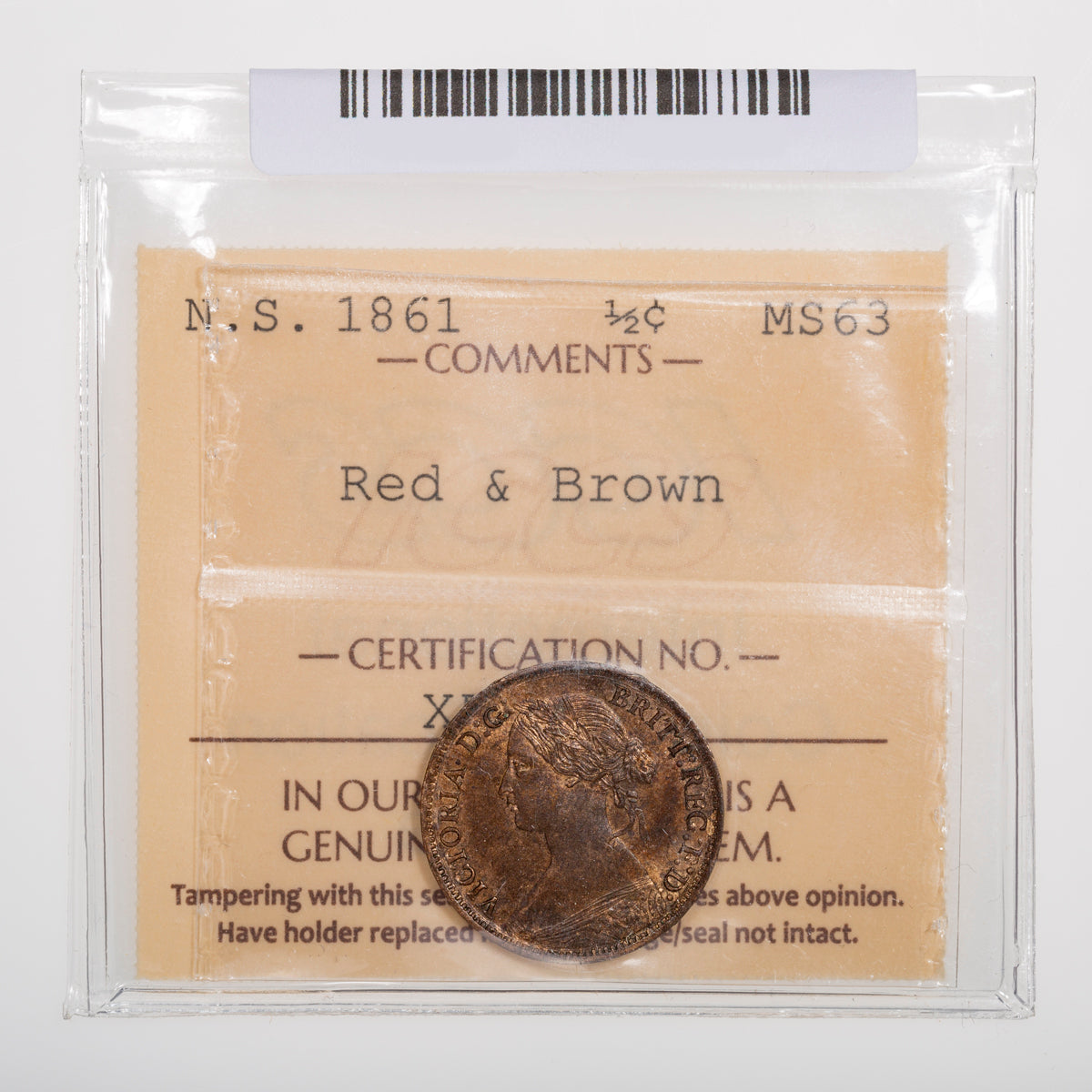 NS Half Cent 1861 ICCS MS-63 Red & Brown
