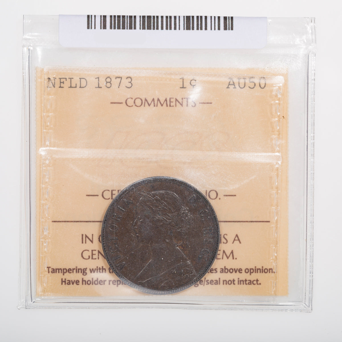 NFLD 1 Cent 1873 ICCS AU-50