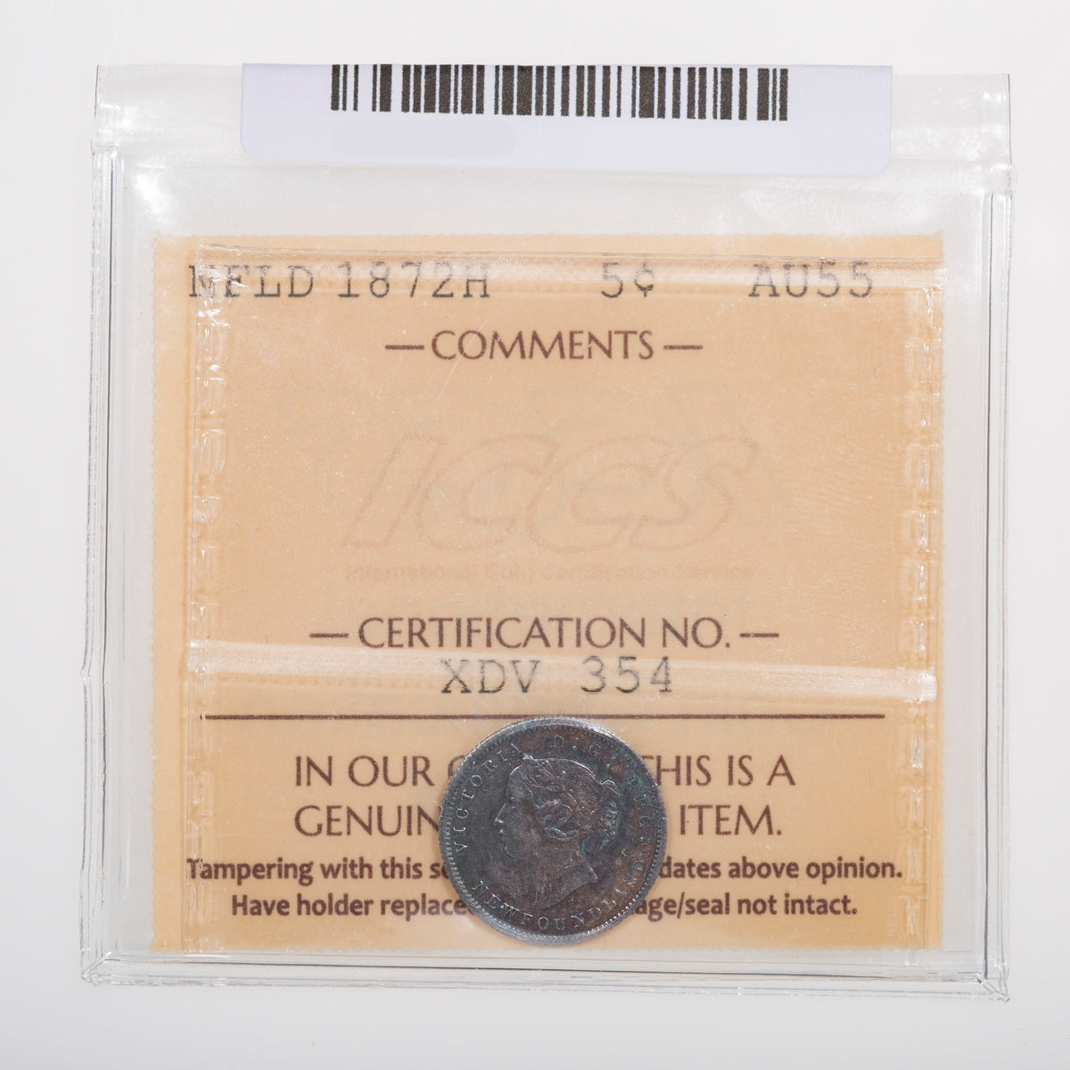 NFLD 5 Cent 1872H ICCS AU-55