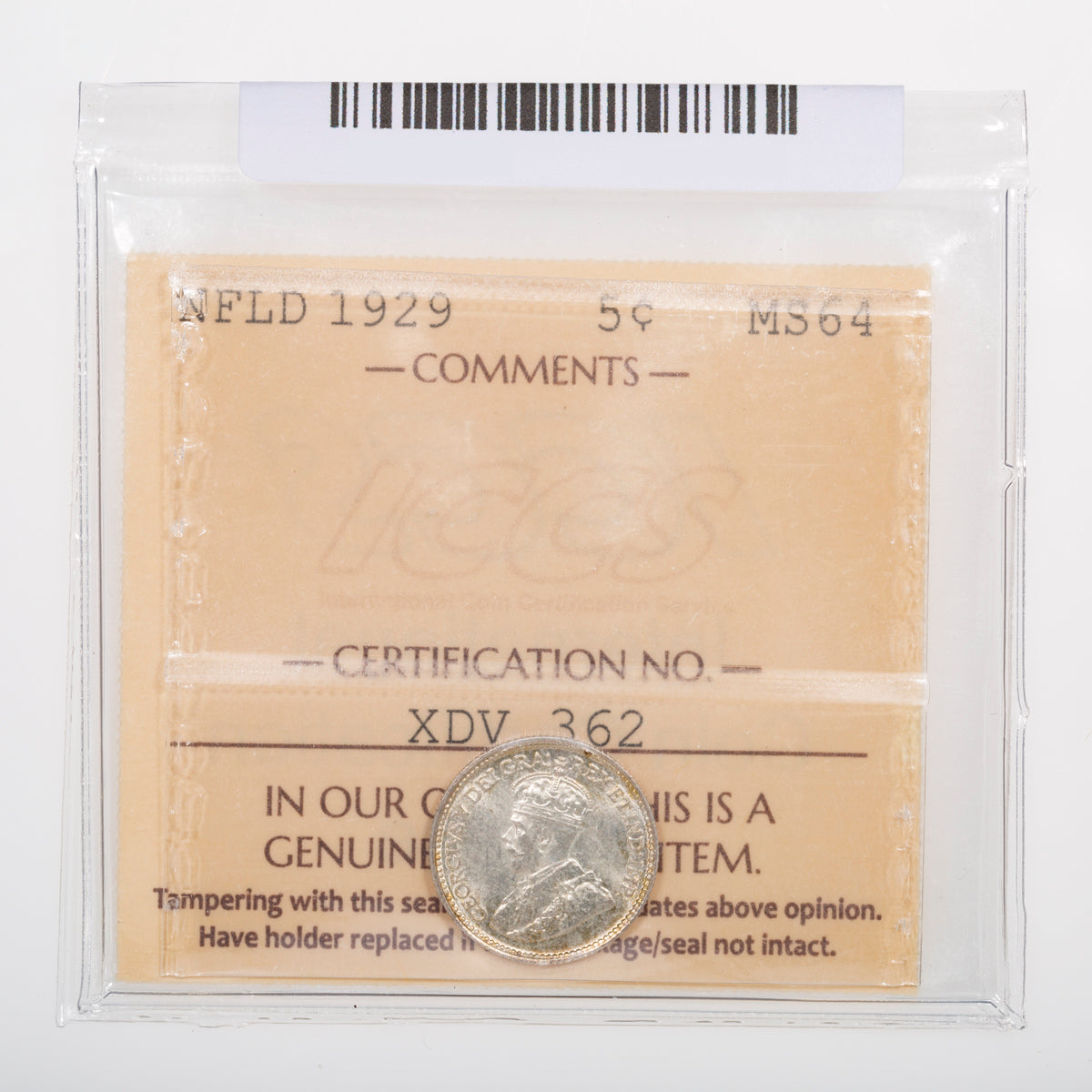 NFLD 5 Cent 1929 ICCS MS-64