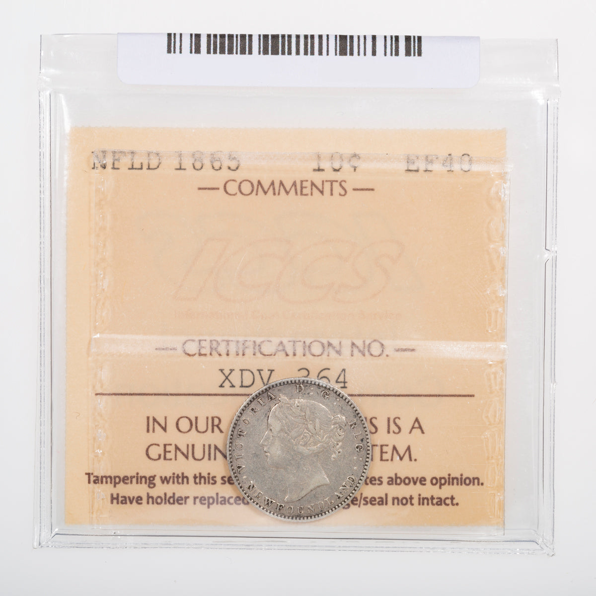 NFLD 10 Cent 1865 ICCS EF-40