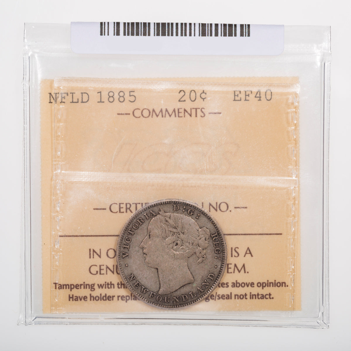 NFLD 20 Cent 1885 ICCS EF-40